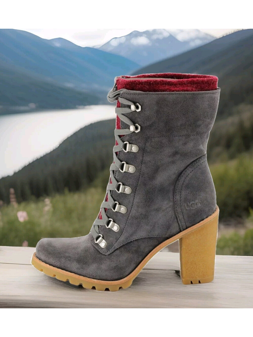 UGG Womens 7 Fabrice Gray Suede Leather Wool Lace-Up Boots 4" Heeled 1001990